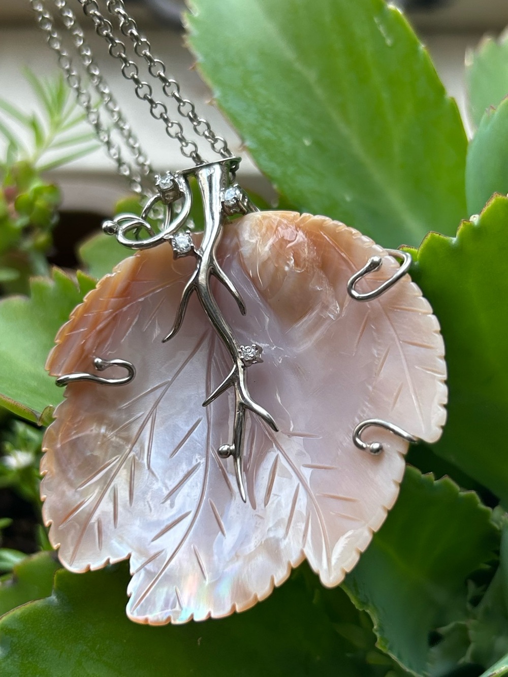 Vintage modernist sterling silver mother of pearl cz oversized pendant necklace